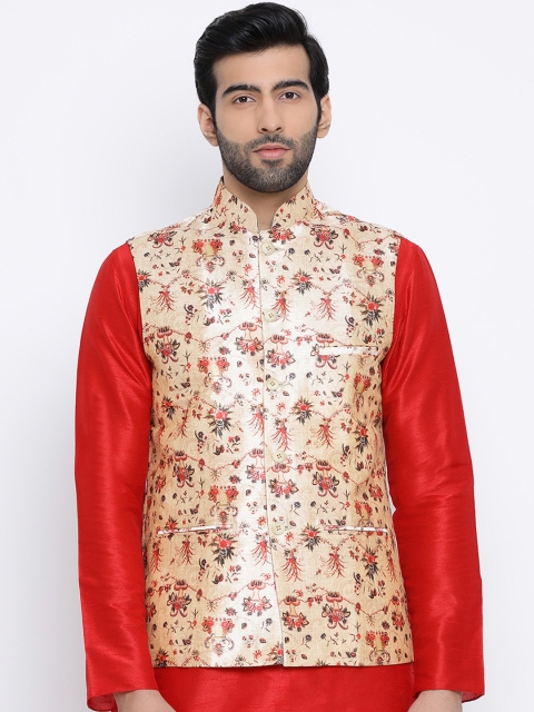 Namaskar Men Gold-Toned & Red Printed Woven Pure Silk Nehru Jacket