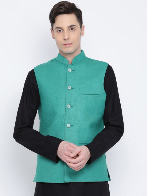 

Namaskar Men Green Solid Woven Pure Cotton Nehru Jacket