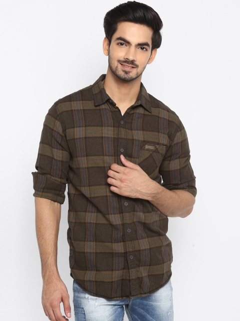 

Mufti Men Coffee Brown & Blue Checked Slim Fit Casual Shirt
