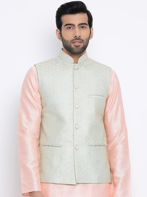 

Namaskar Men Sea Green & Gold-Toned Woven Design Pure Silk Nehru Jacket
