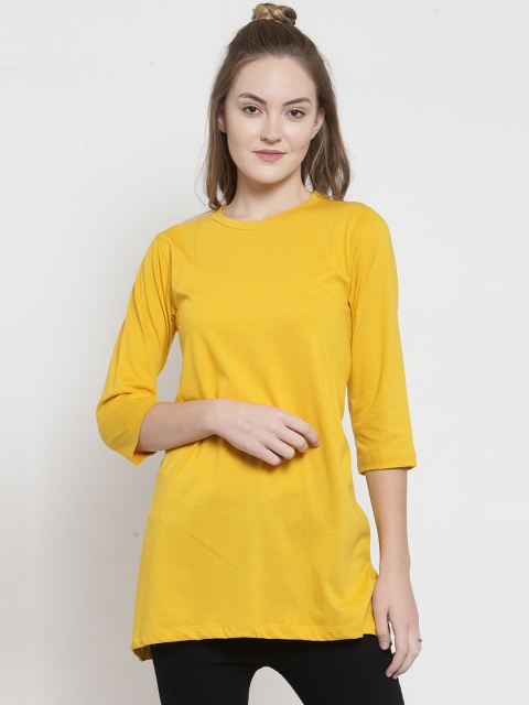 

Kalt Women Yellow Solid Round Neck Longline T-shirt
