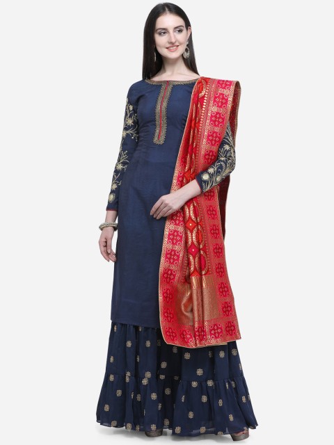 

Stylee LIFESTYLE Navy Blue & Red Chanderi Silk Blend Semi-Stitched Dress Material