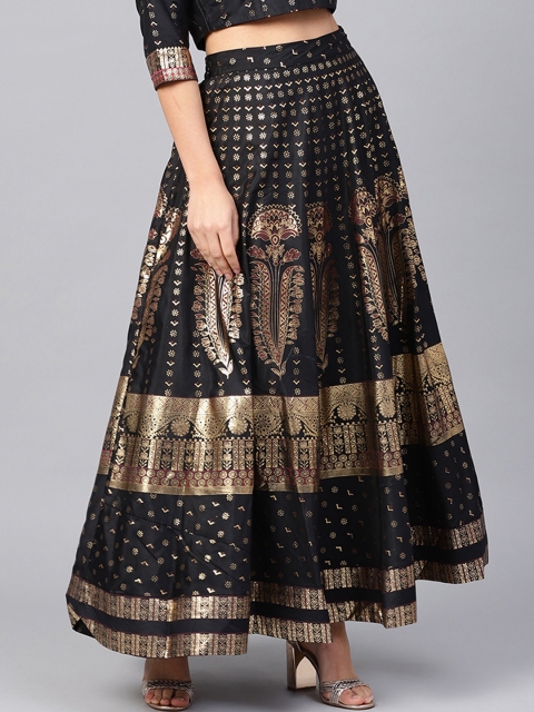 

Juniper Women Black & Gold-Toned Shantoon Placement Print Flared Maxi Skirt