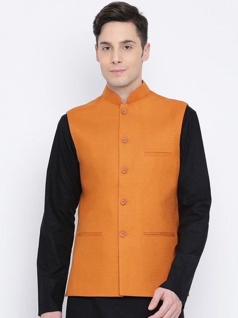 

Namaskar Men Mustard Yellow Solid Woven Pure Cotton Nehru Jacket