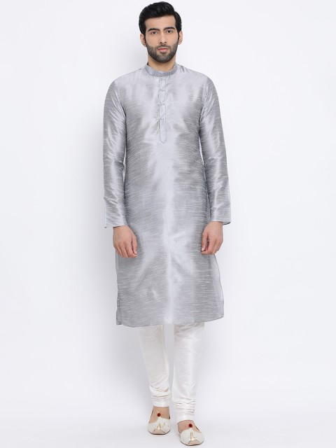 

NAMASKAR Men Silver-Coloured & White Solid Kurta with Churidar