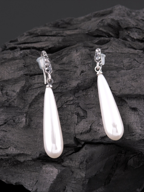 E2O Silver-Plated & White Teardrop Shaped Drop Earrings