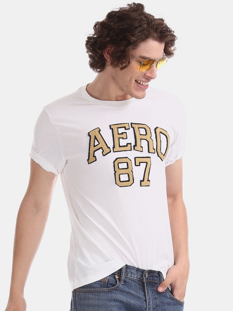 

Aeropostale Men White & Yellow Applique Round Neck T-shirt