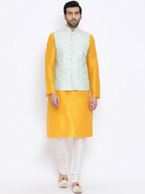 

NAMASKAR Men Blue & Yellow Embroidered Kurta Set with Nehru Jacket