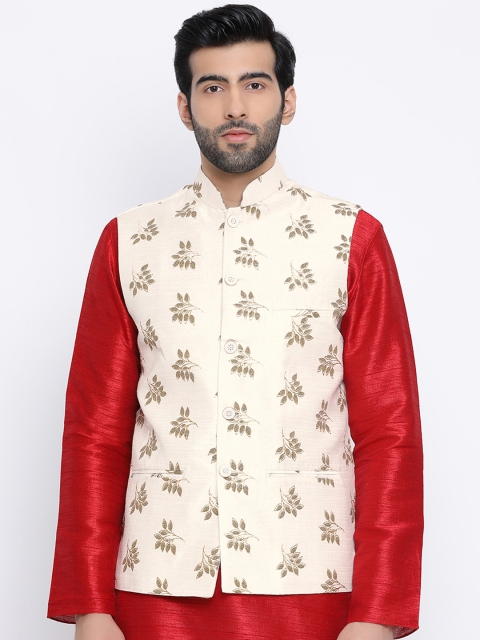 

Namaskar Men Off White Printed Woven Pure Silk Nehru Jacket