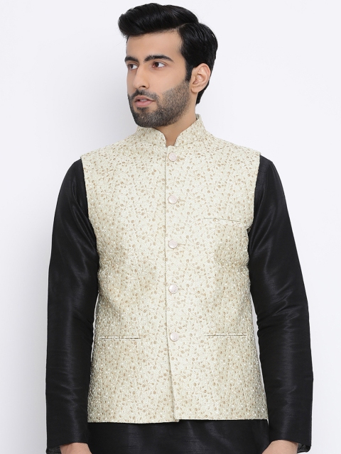 

Namaskar Men Off White Woven Design Pure Silk Nehru Jacket