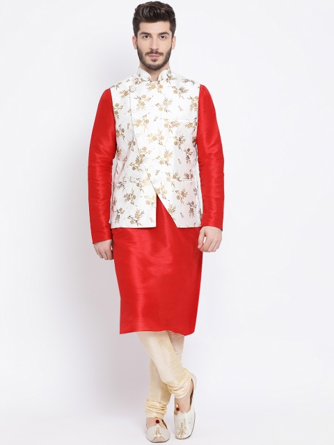 

NAMASKAR Men White & Red Printed Kurta with Churidar