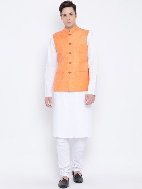 

NAMASKAR Men Orange & White Solid Kurta with Churidar