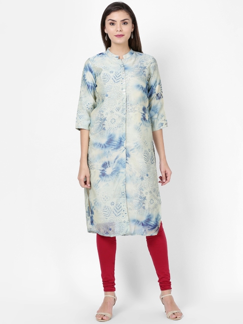 

Soch Women Blue & Green Printed Chanderi Straight Kurta