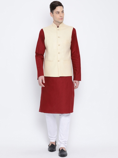 

NAMASKAR Men White & Maroon Solid Kurta with Churidar