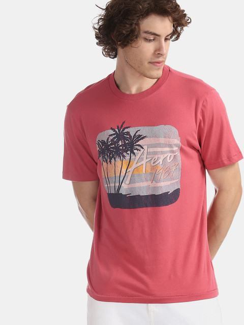 

Aeropostale Men Coral Pink Grey Printed Round Neck Pure Cotton T-shirt