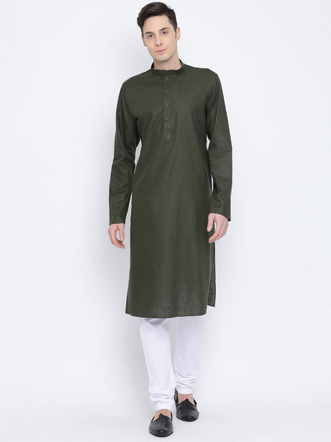 

NAMASKAR Men Green & White Solid Kurta with Churidar