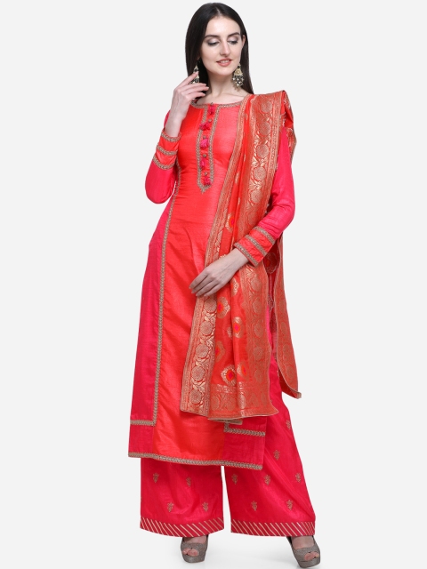 

Stylee LIFESTYLE Pink & Red Satin Semi-Stitched Dress Material
