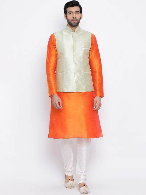 

NAMASKAR Men Orange & White Self Design Kurta with Churidar