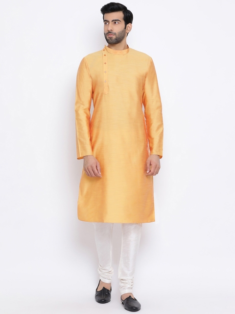

NAMASKAR Men Yellow & Off-White Solid Kurta with Churidar