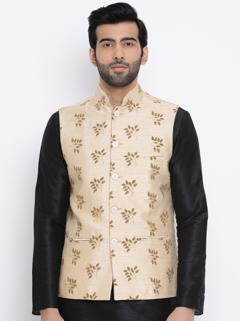 

Namaskar Men Gold-Coloured Printed Woven Pure Silk Nehru Jacket