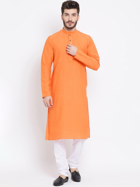 

NAMASKAR Men Orange & White Solid Kurta with Churidar