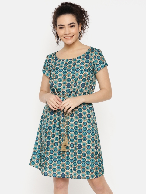 

IDK Women Blue & Green Printed Blue A-Line Dress