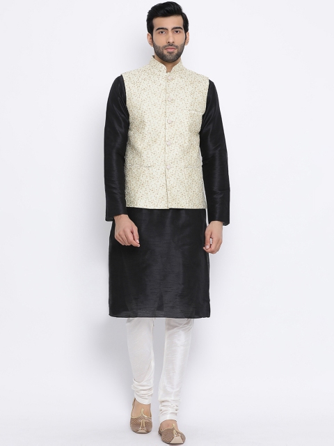 

NAMASKAR Men White & Black Embroidered Kurta with Churidar