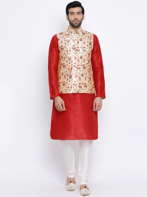

NAMASKAR Men Red & White Silk Kurta Set