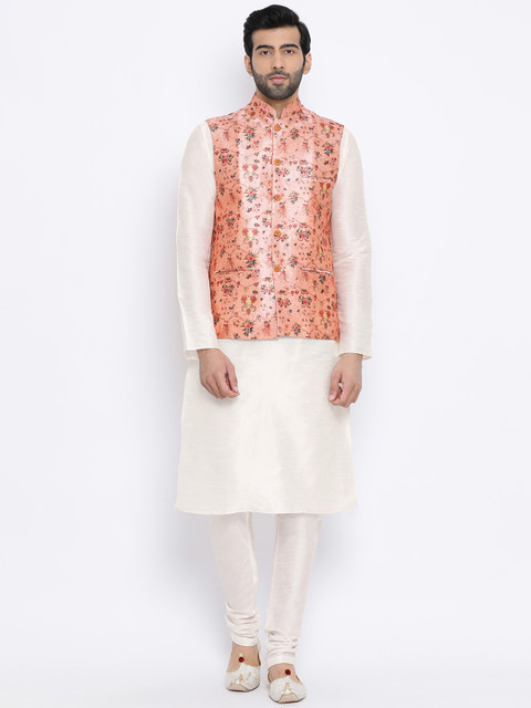 

NAMASKAR Men Peach-Coloured & White Printed Kurta with Churidar