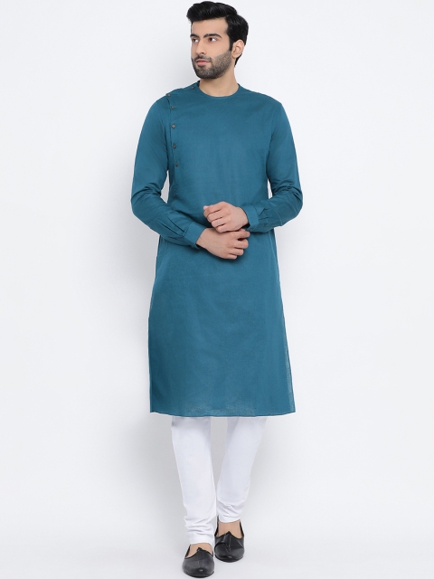 

NAMASKAR Men Blue & White Solid Kurta with Churidar