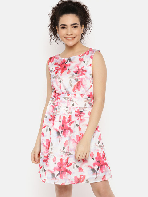 

IDK Women White & Pink Printed Fit and Flare Dress