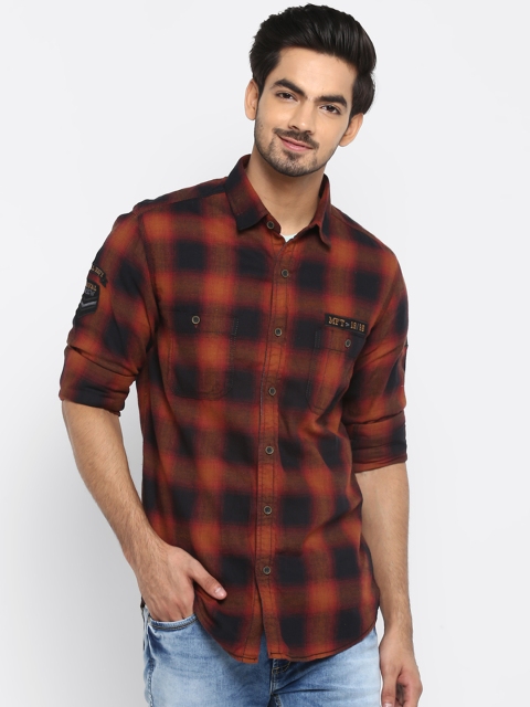 

Mufti Men Rust Orange & Black Slim Fit Checked Casual Shirt