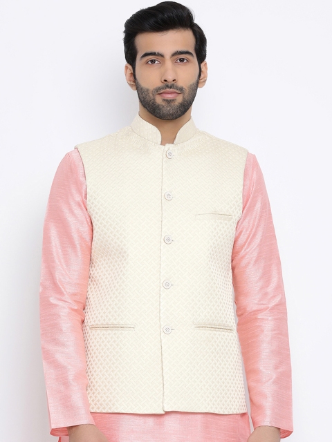 

Namaskar Men Off White Woven Design Pure Silk Nehru Jacket