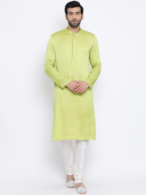 

NAMASKAR Men Green & White Solid Straight Kurta