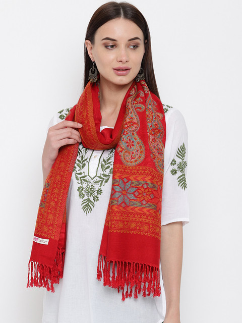 

HK colours of fashion Women Red Woven Design Stole