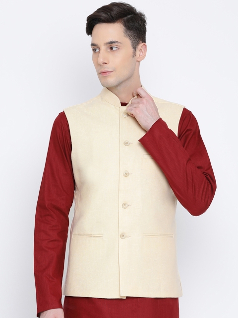 

Namaskar Men Cream Solid Woven Pure Cotton Nehru Jacket