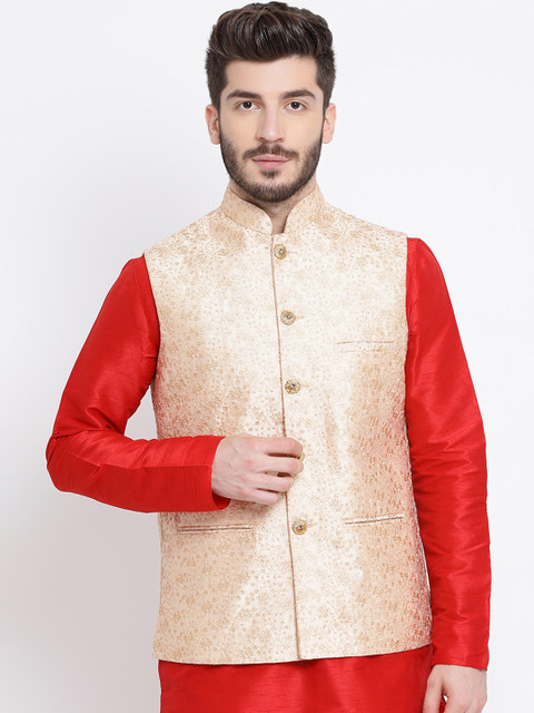 

Namaskar Men Beige Printed Woven Pure Silk Nehru Jacket