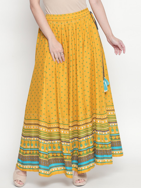 

AKKRITI Women Mustard Yellow & Turquoise Blue Printed Flared Maxi Skirt