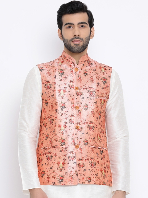 

Namaskar Men Pink Printed Woven Pure Silk Nehru Jacket