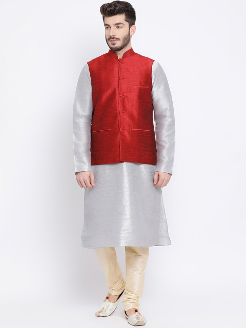 

NAMASKAR Men Maroon Silver-Toned Kurta Set with Nehru Jacket