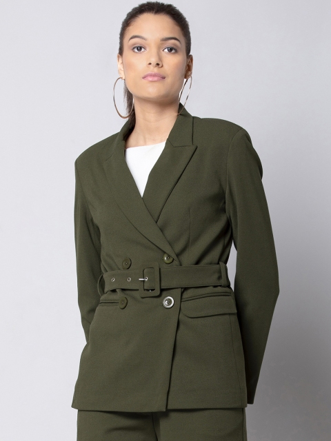 

FabAlley Women Dark Olive Green Solid Double-Breasted Tailored-Fit Belted Blazer