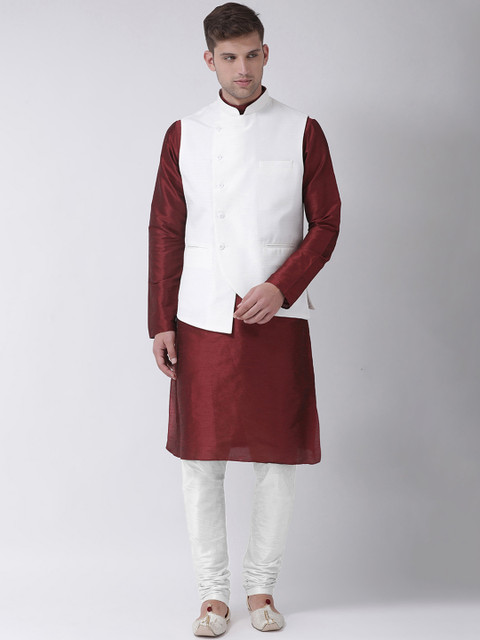 

TABARD Men White & Maroon Solid Kurta Set