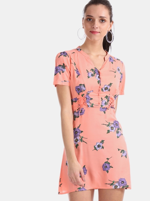 

Aeropostale Women Printed Peach-Coloured & Blue A-Line Dress