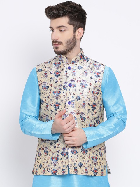 

Namaskar Men Beige & Blue Printed Woven Pure Silk Nehru Jacket