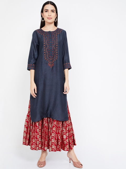 

Melange by Lifestyle Women Navy Blue Embroidered Linen Straight Kurta