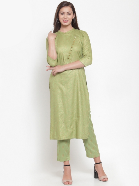 

Indibelle Women Green & Gold-Coloured Foil Printed Kurta with Trousers