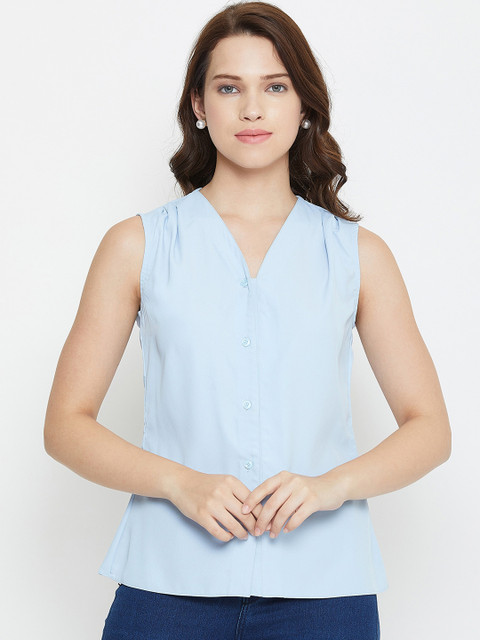 

Imfashini Women Turquoise Blue Solid Shirt Style Top
