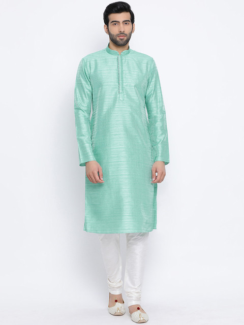 

NAMASKAR Men Green & White Solid Kurta with Churidar