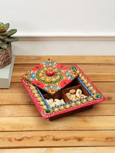 

Aapno Rajasthan Red & Gold-Toned Handpainted Square Wood and Clay Work Box