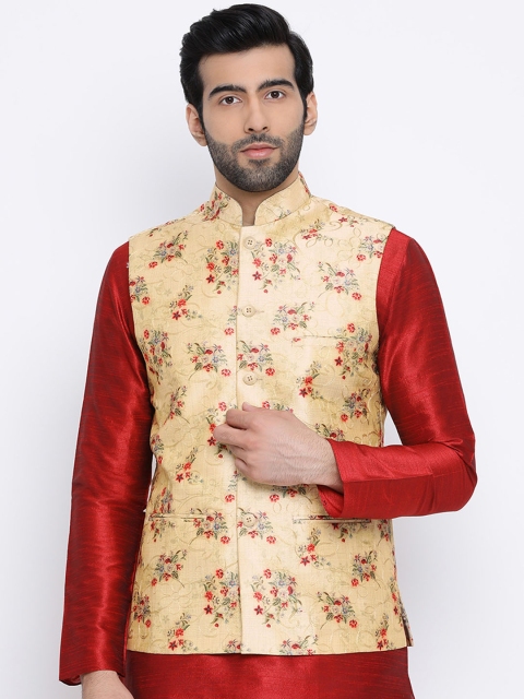 

Namaskar Men Beige Printed Woven Nehru Jacket